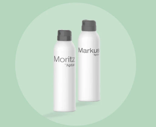 Two white spray bottles with gray actuators, featuring the Classic Twist to Lock Aerosol Actuator, labeled Moritz by Aptar and Markus by Aptar, standing on a light green circular background.