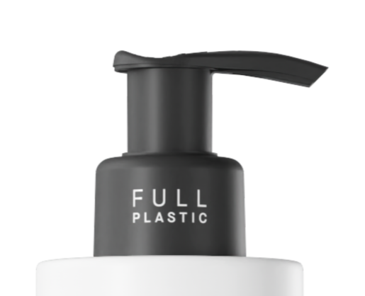 Close-up of a black GSA Advance Recyclable Dispensing Pump on top of a white bottle, with the words FULL PLASTIC printed in white letters on the pump.
