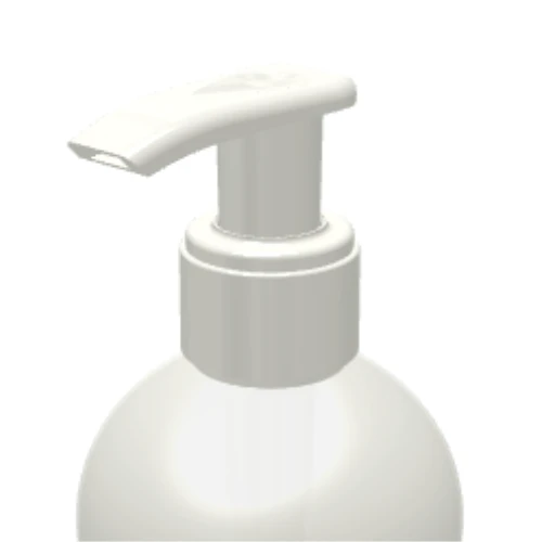 Close-up of a white plastic dispensing pump with metal-free pathway named GSA on a  bottle, commonly used for soap or lotion, against a plain white background.