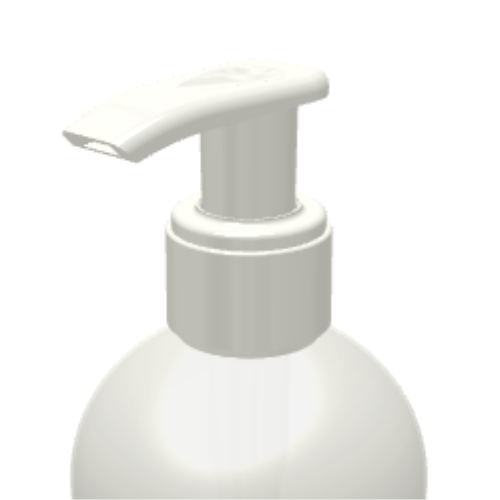 Close-up of a white plastic dispensing pump with metal-free pathway named GSA on a  bottle, commonly used for soap or lotion, against a plain white background.