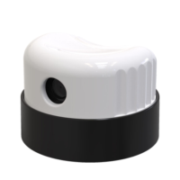 A close-up of a premium twist to lock aerosol named Markus spray paint can nozzle with a white, tactile top featuring a groove and round black base. The nozzle opening is visible on the side of the top, set against a plain white background.