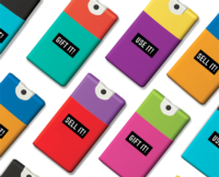 Colorful rectangular phone cases with white camera openings are arranged diagonally on a white background, each boldly labeled GIFT IT!, SELL IT!, or USE IT! evoking the vibrant look of pocket size spray packaging.