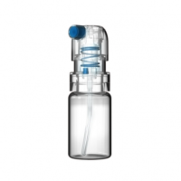 Aptar Pharma’s Advanced Preservative-Free PLUS pump, a clear bottle with a transparent spray mechanism featuring a blue nozzle and internal spring.