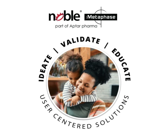 Woman and child hugging and smiling in a circle shape for Noble Human Factors testing and services.