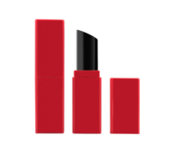 A red guided mini lipstick packaging is featured with the cap removed and placed beside it, revealing the dark lipstick inside. The design remains minimalistic with sharp, clean edges.