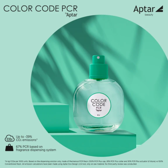 A clear bottle labeled COLOR CODE PCR by Aptar sits on a teal surface with geometric shapes and shadows. Text highlights reduced CO2 emissions and 67% PCR fragrance pump use in dispensing. The Aptar logo appears in the top right.