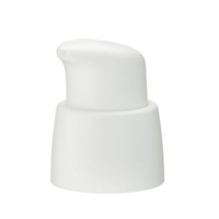 A close-up of Satine,  a white plastic generous dosage cosmetic pump, designed for bottles of liquid soap, lotion, or other personal care products, shown against a plain white background.