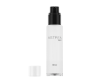 A clear 30 ml airless glass dispenser labeled ASTREA Aptar stands upright with its black pump exposed