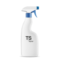 A reliable and versatile trigger spray, this white plastic bottle features a blue nozzle and ribbed collar, labeled TS by Aptar on the front, standing upright against a plain white background.