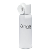 A white bottle featuring an Aerosol Actuator with Bold Design and the text Sirena by Aptar printed on the front, placed against a plain white background.