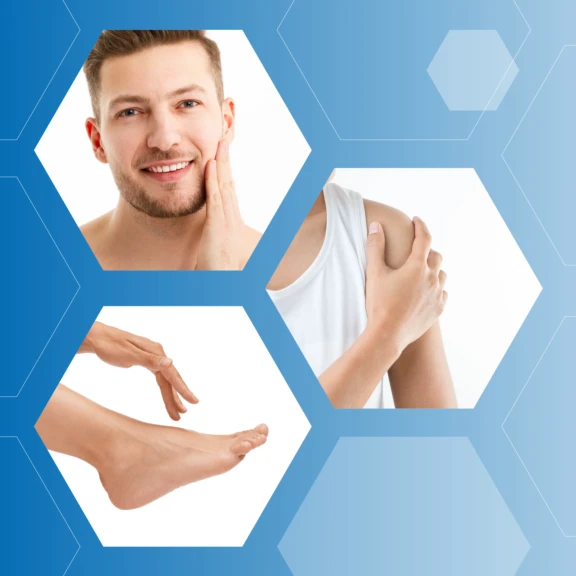 Collage of dermal application areas including face, shoulder, and hands, illustrating different types of topical and dermal treatment uses.