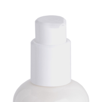 Close-up of a white plastic high dose cosmetic pump named Amplitude dispenser bottle, commonly used for liquid products like lotion or soap, against a plain white background.