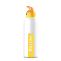 A white bottle with a yellow aerosol pump actuator and an orange collar labeled Bliss stands upright against a plain white background, showcasing a luxury beauty dispensing system.