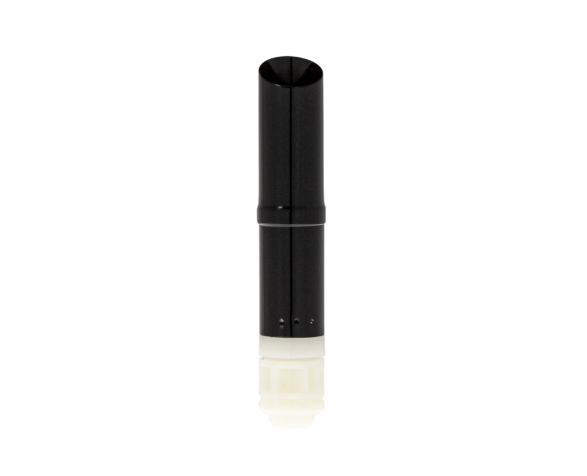 A black cylindrical lipstick catridge with a white base, featuring a guided lipstick mechanism, stands upright on a white background. The object appears sleek and minimalistic.