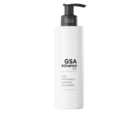 Tall white bottle with a black Recyclable Dispensing Pump, labeled GSA Advance by Aptar. The bottle features the text High Performance. Advanced Recyclability. and FULL PLASTIC on the pump.