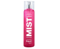 A tall, pink spray bottle labeled MIST in large white letters with Body & Hair Neo Fragrance Collection written above and PALC by Aptar below, topped with a clear plastic ca
