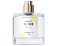 A clear glass perfume bottle with a gold spray cap and classic prestige fragrance pump, labeled CLASSIC INUNE by Aptar, Eau de Toilette, 100ml on a white and gold gradient label.