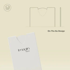Minimalist image featuring a thin, rectangular white cardholder labeled Imagin by Aptar. Above it are simple outline drawings of the holder from the front and side, with the text On-The-Go Design
