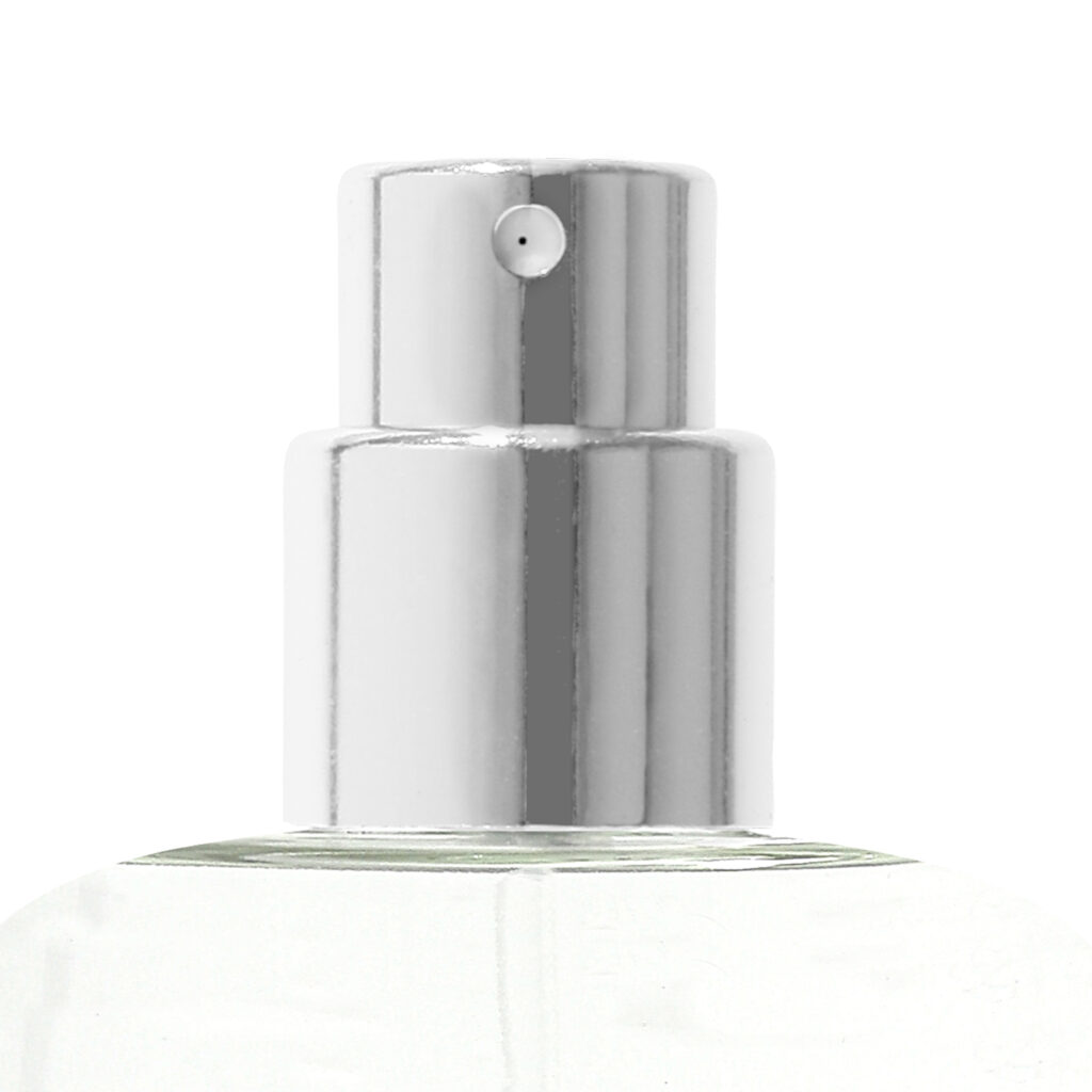 Close-up of a shiny, silver lifestyle fragrance pump nozzle,named 31 MS, on top of a clear bottle likely for perfume, against a plain white background.