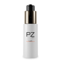 A white bottle labeled PZ by Aptar with the word Lark in black, featuring a high-performing twist-to-lock pump with a metallic gold collar and black top, standing upright against a plain white background.