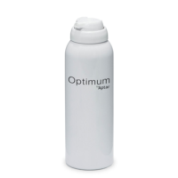 A white cylindrical aerosol can featuring an Aerosol Actuator for Foam and Gel and the text Optimum by Aptar printed in black letters.The bottle is standing upright on a plain white background.