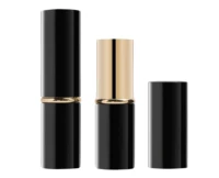 Aptar Beauty's L1512 black and gold non-guided lipstick packaging is displayed in three configurations: a closed tube, an open version revealing the lipstick bullet, and the cap beside it.