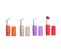 Five colorful mono-material full PP lipsticks in orange, nude, purple, and red shades stand upright with matching caps, each labeled FLASH, set against a clean white background.