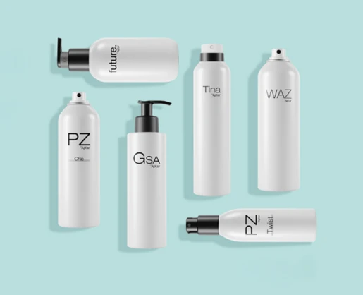 Six white bottles of various shapes and sizes, each labeled with names like Future., Tina, WAZ, GSA, and more arranged on a light blue background.