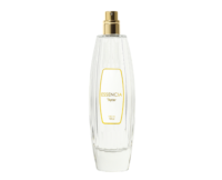 A clear, ribbed perfume bottle with an elegant fragrance pump and a gold-bordered label reading ESSENCIA by Aptar 100 ml 3.04 fl oz stands upright against a white background.