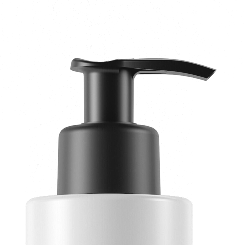 Close-up of GS, an Iconic High-Performing Dispensing Pump on a white plastic bottle, against a plain white background.