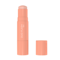 A peach-colored mono-material face stick labeled DUO FLASH by Aptar with its cap removed and placed beside it, revealing the solid product inside.