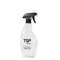A clear plastic trigger spray bottle with a black nozzle and the label TSP by Aptar, Full-Plastic Trigger Spray Pump on the front, stands upright against a plain white background.