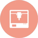 A white icon of a 3D Printer set against a solid coral-pink circular background