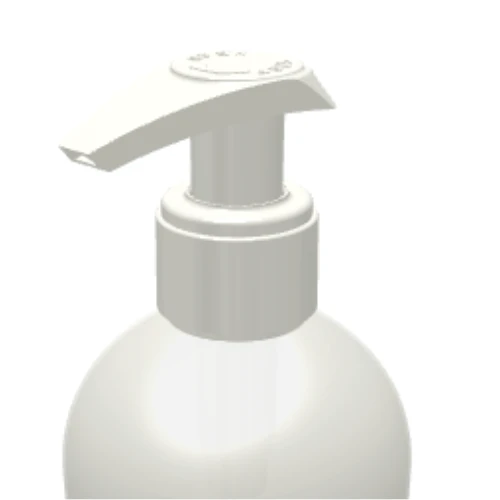A close-up of the Dispensing Pump with Metal-Free Pathway named GSA on a white plastic bottle, commonly used for liquid soap or lotion, against a plain white background.