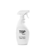 A white full-plastic trigger spray pump labeled TSP by Aptar, mounted on a white bottle and shown against a plain white background.