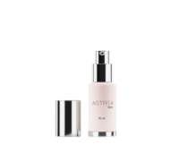 A sleek 15ml bottle is displayed on a white background topped with a polished silver actuator and matching cap.The packaging features Aptar Beauty’s Astrea airless glass dispensing.