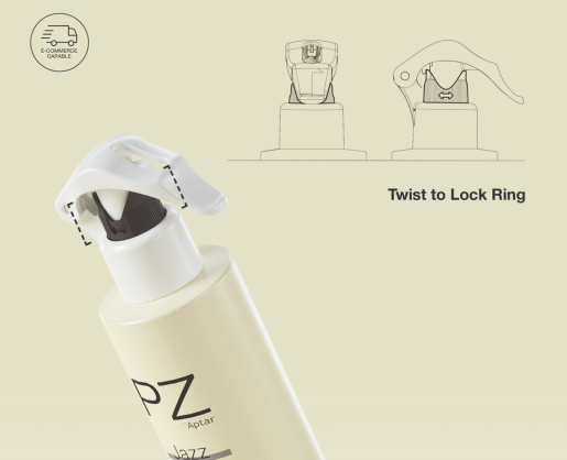 A close-up of a spray bottle with a white Mini Trigger Spray Pump and black ribbed actuator named PZ Jazz. Illustrations above show the cap locking mechanism which is a twist to lock ring, while an e-commerce enable icon appears in the top left corner. 