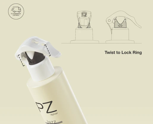 A close-up of a spray bottle with a white Mini Trigger Spray Pump and black ribbed actuator named PZ Jazz. Illustrations above show the cap locking mechanism which is a twist to lock ring, while an e-commerce enable icon appears in the top left corner. 
