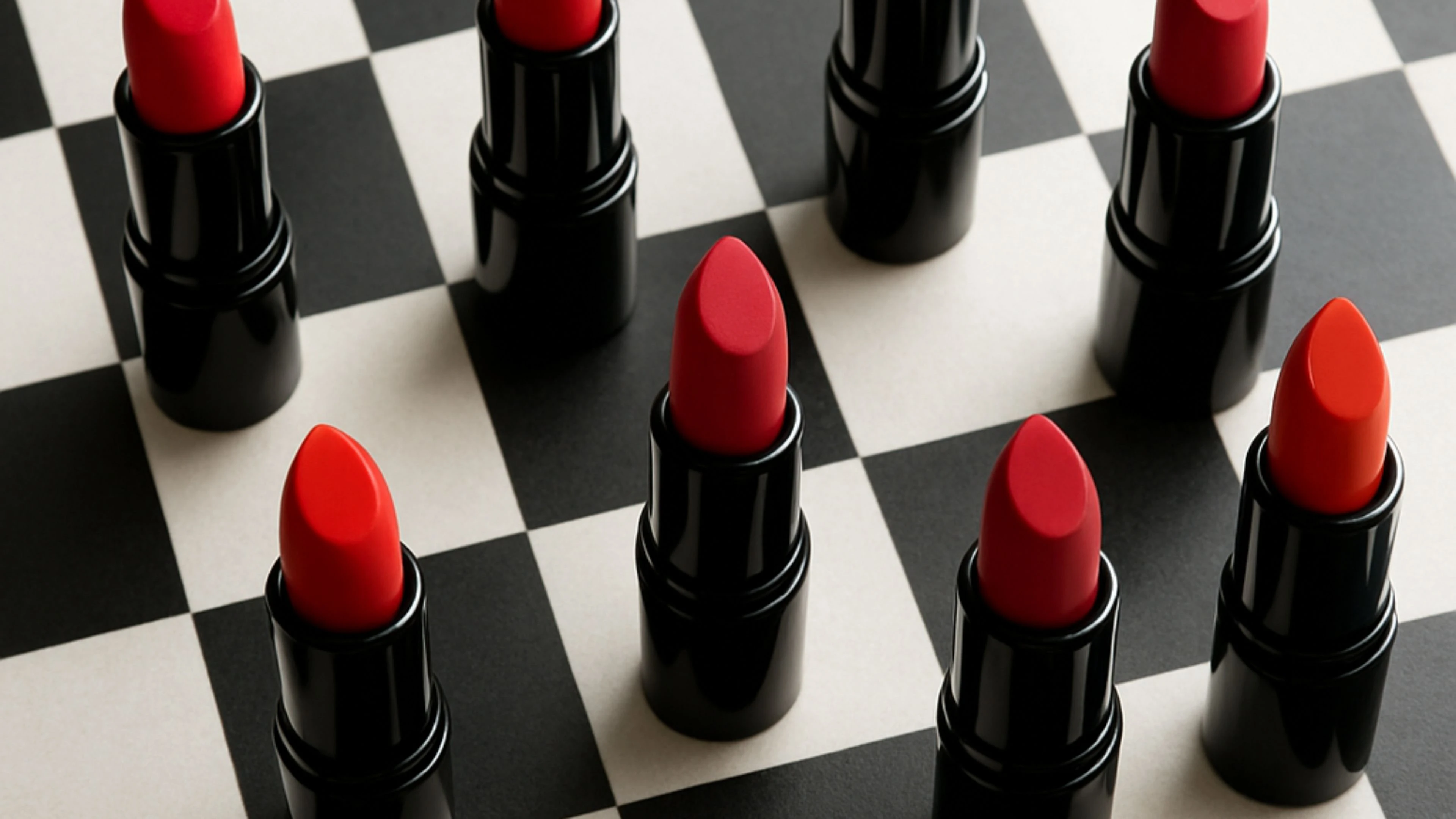 Nine tubes of vibrant red lipstick, crafted by a custom cosmetic packaging manufacturer, are arranged upright on a black and white checkerboard surface, resembling chess pieces on a chessboard.