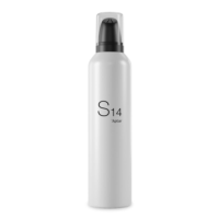 A tall, white bottle with a clear cap and a black classic inverted foam aerosol actuator. Labeled S14 by Aptar in simple black text on the front, the bottle is photographed against a plain white background.