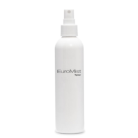 A white plastic spray bottle with a fine mist spray pump, labeled EuroMist by Aptar, stands upright against a plain white background.