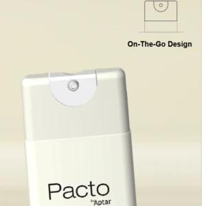 A white rectangular spray bottle labeled Pacto by Aptar with a round nozzle; inset shows a close-up of the nozzle and the text On-The-Go Design on a beige background, highlighting its innovative omnichannel packaging.