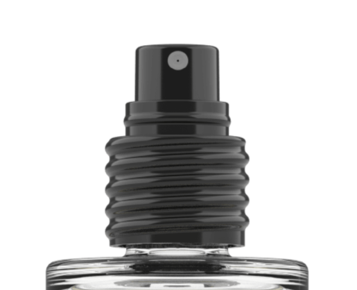 Close-up of the top of Essencia Colonias - a discreet, refillable glass spray bottle with a black ribbed neck and a black spray nozzle for an elegant fragrance experience.