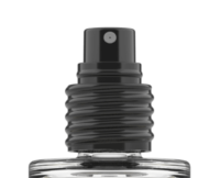 Close-up of the top of Essencia Colonias - a discreet, refillable glass spray bottle with a black ribbed neck and a black spray nozzle for an elegant fragrance experience.