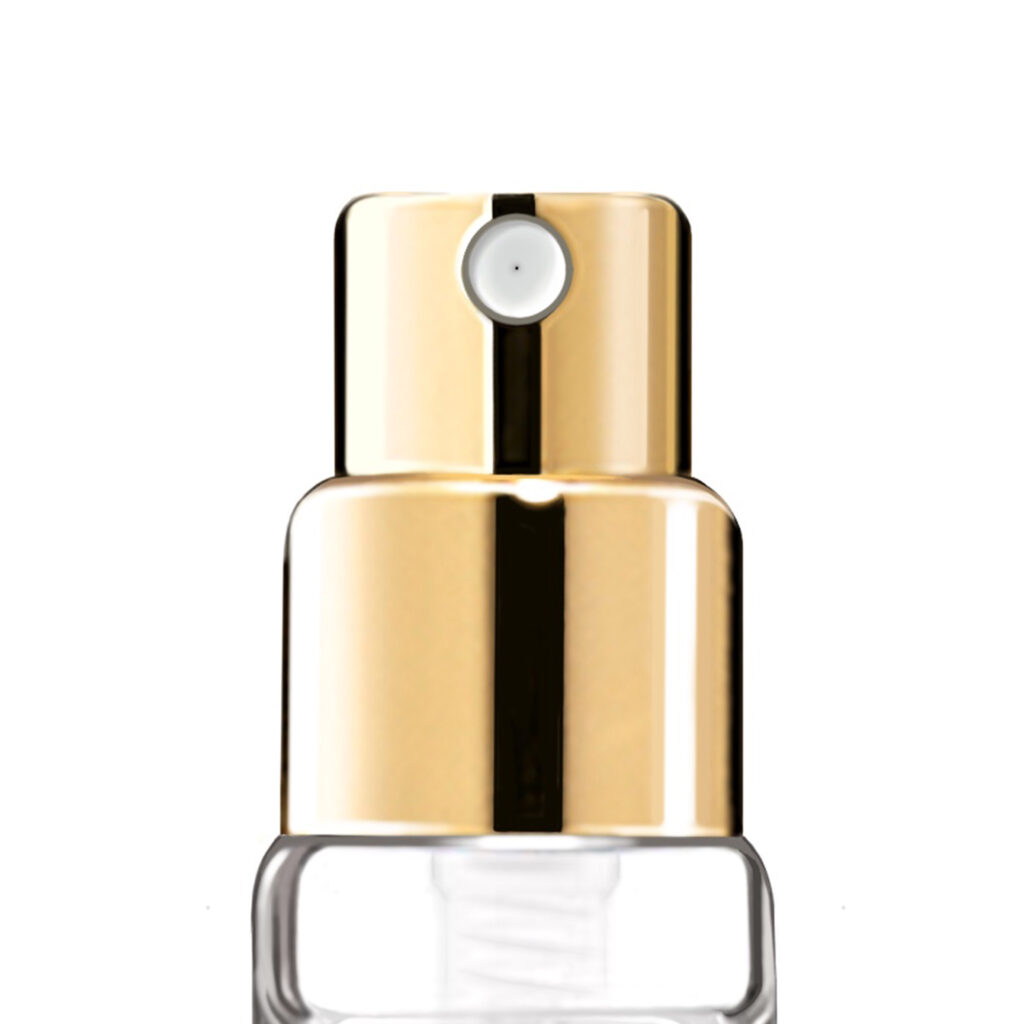 Close-up of a Replica, a high-quality miniature fragrance pump with a metallic finish, attached to a clear glass bottle against a white background.
