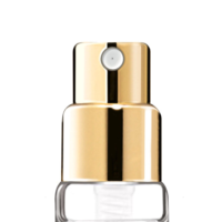 Close-up of a Replica, a high-quality miniature fragrance pump with a metallic finish, attached to a clear glass bottle against a white background.