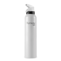 A tall, white spray bottle with a white Dual Trigger Aerosol. The bottle is labeled Runway by Aptar and  stands upright on a plain white background.