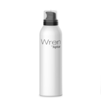 A white cylindrical spray bottle labeled Wren by Aptar with a black aerosol actuator for mousse, set against a plain white background.