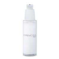 A white cylindrical pump bottle labeled CREMOSA Aptar is shown against a white background. Featuring an elegant cosmetic pump, the bottle has a clear base and a white cap with a sleek dispenser.