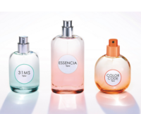 A picture of three lifestyle fragrance packaging solutions on a clean white background labeled 31 MS by Aptar, Essencia by Aptar and Color Code by Aptar. The bottles are in various shapes with light gradient colors and the fragrance are silver on the first two bottles and orange on the last bottle.